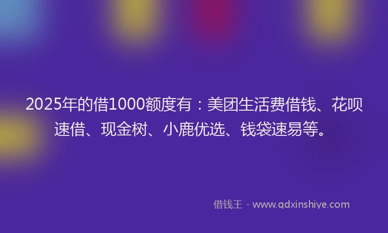 2025年的借1000额度有：美团生活费借钱、花呗速借、现金树、小鹿优选、钱袋速易等。