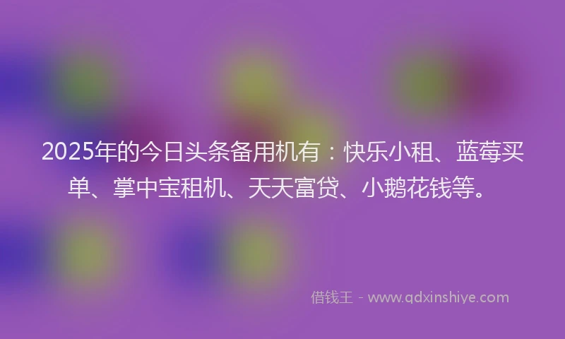 2025年的今日头条备用机有：快乐小租、蓝莓买单、掌中宝租机、天天富贷、小鹅花钱等。