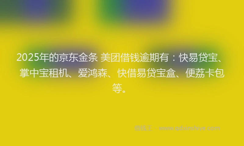 2025年的京东金条 美团借钱逾期有：快易贷宝、掌中宝租机、爱鸿森、快借易贷宝盒、便荔卡包等。