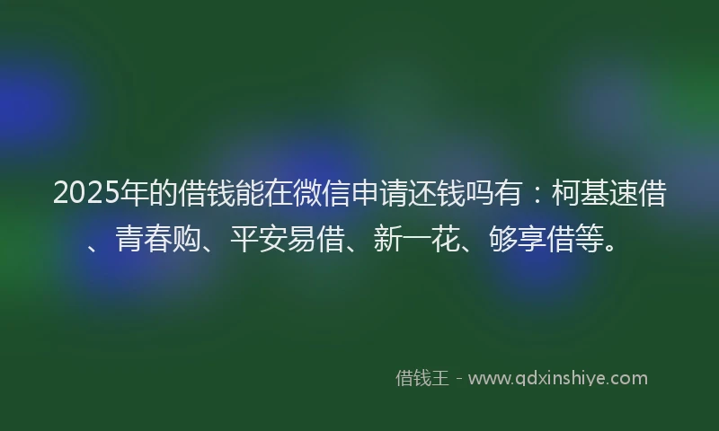 2025年的借钱能在微信申请还钱吗有：柯基速借、青春购、平安易借、新一花、够享借等。