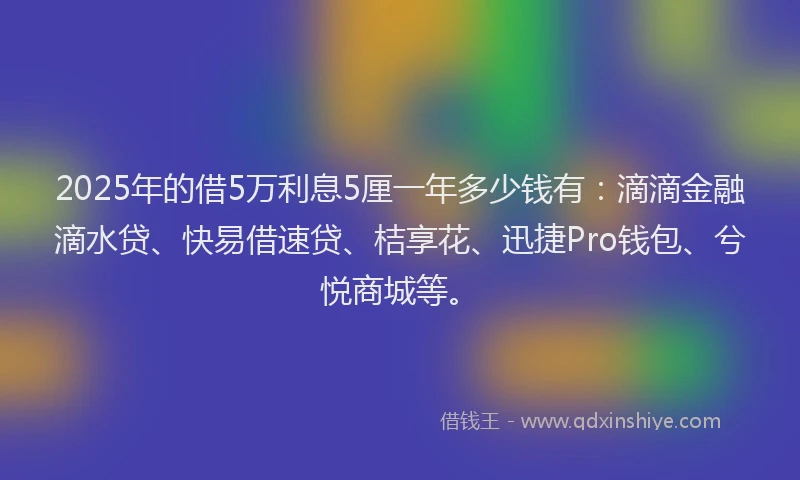 2025年的借5万利息5厘一年多少钱有：滴滴金融滴水贷、快易借速贷、桔享花、迅捷Pro钱包、兮悦商城等。