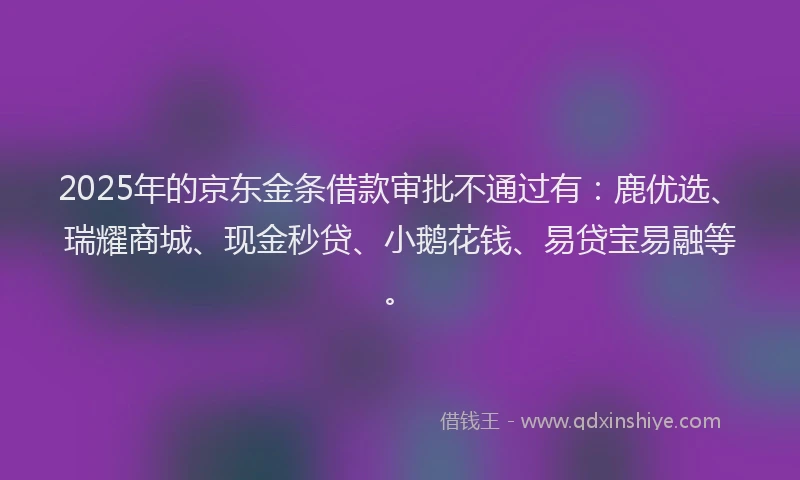 2025年的京东金条借款审批不通过有：鹿优选、瑞耀商城、现金秒贷、小鹅花钱、易贷宝易融等。
