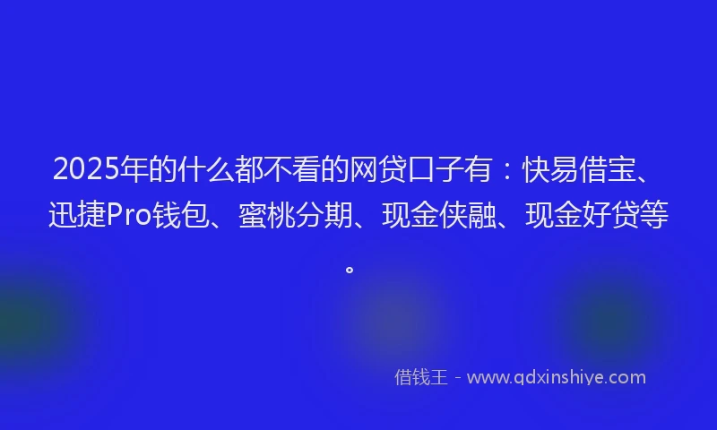 2025年的什么都不看的网贷口子有：快易借宝、迅捷Pro钱包、蜜桃分期、现金侠融、现金好贷等。
