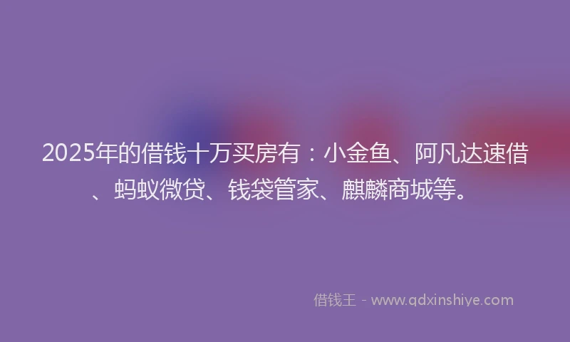 2025年的借钱十万买房有：小金鱼、阿凡达速借、蚂蚁微贷、钱袋管家、麒麟商城等。