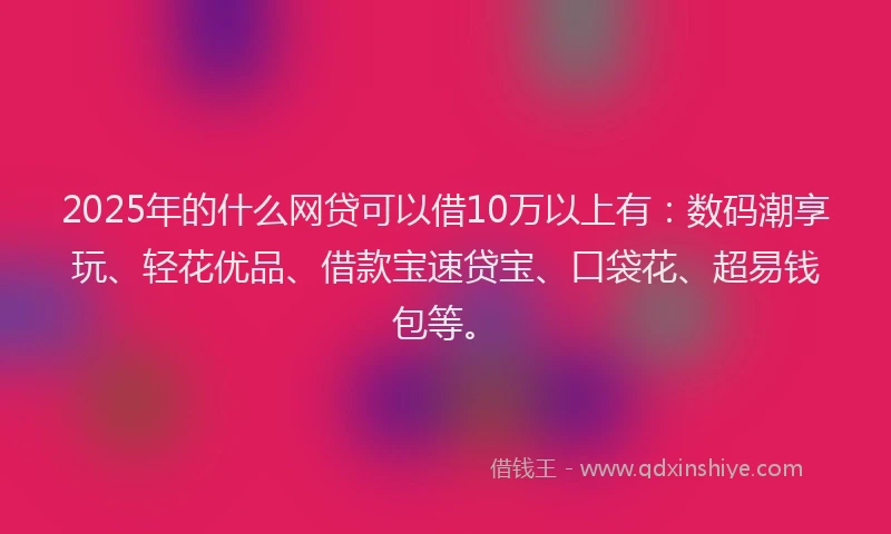 2025年的什么网贷可以借10万以上有：数码潮享玩、轻花优品、借款宝速贷宝、口袋花、超易钱包等。