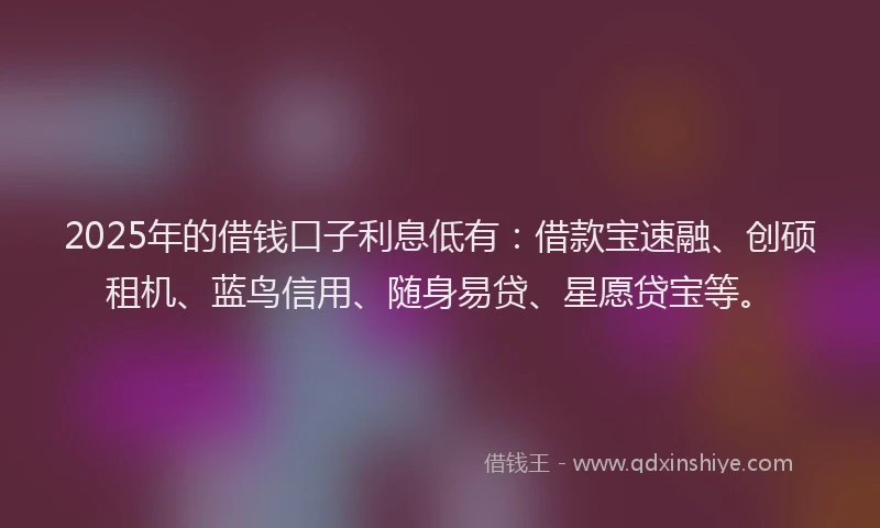 2025年的借钱口子利息低有：借款宝速融、创硕租机、蓝鸟信用、随身易贷、星愿贷宝等。