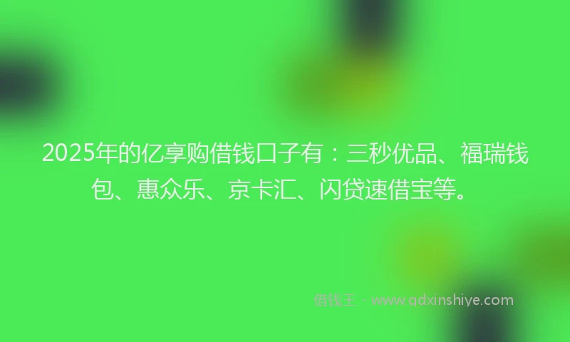 2025年的亿享购借钱口子有：三秒优品、福瑞钱包、惠众乐、京卡汇、闪贷速借宝等。