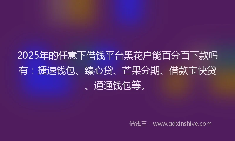 2025年的任意下借钱平台黑花户能百分百下款吗有：捷速钱包、臻心贷、芒果分期、借款宝快贷、通通钱包等。
