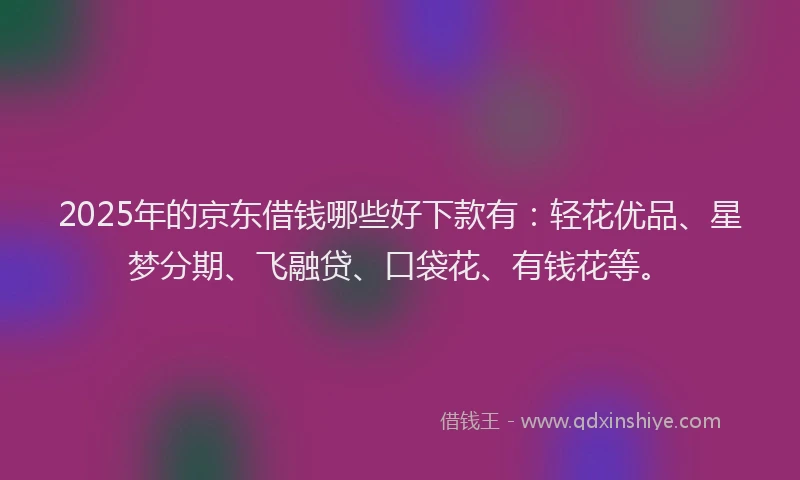 2025年的京东借钱哪些好下款有：轻花优品、星梦分期、飞融贷、口袋花、有钱花等。