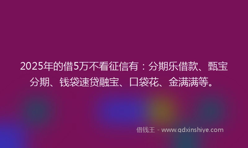 2025年的借5万不看征信有：分期乐借款、甄宝分期、钱袋速贷融宝、口袋花、金满满等。