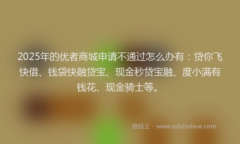 2025年的优者商城申请不通过怎么办有：贷你飞快借、钱袋快融贷宝、现金秒贷宝融、度小满有钱花、现金骑士等。