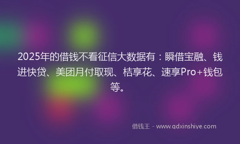 2025年的借钱不看征信大数据有：瞬借宝融、钱进快贷、美团月付取现、桔享花、速享Pro+钱包等。