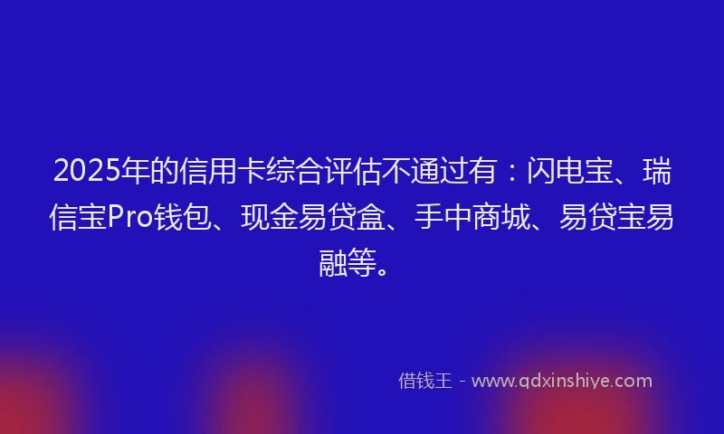 2025年的信用卡综合评估不通过有：闪电宝、瑞信宝Pro钱包、现金易贷盒、手中商城、易贷宝易融等。