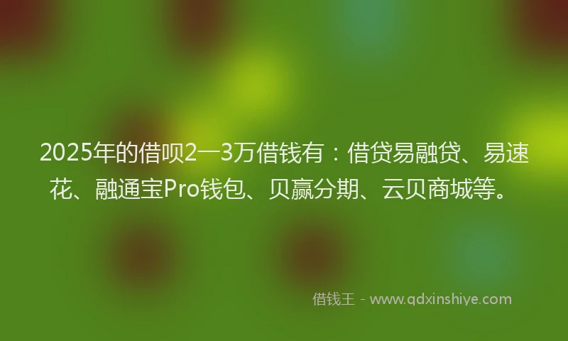 2025年的借呗2一3万借钱有：借贷易融贷、易速花、融通宝Pro钱包、贝赢分期、云贝商城等。