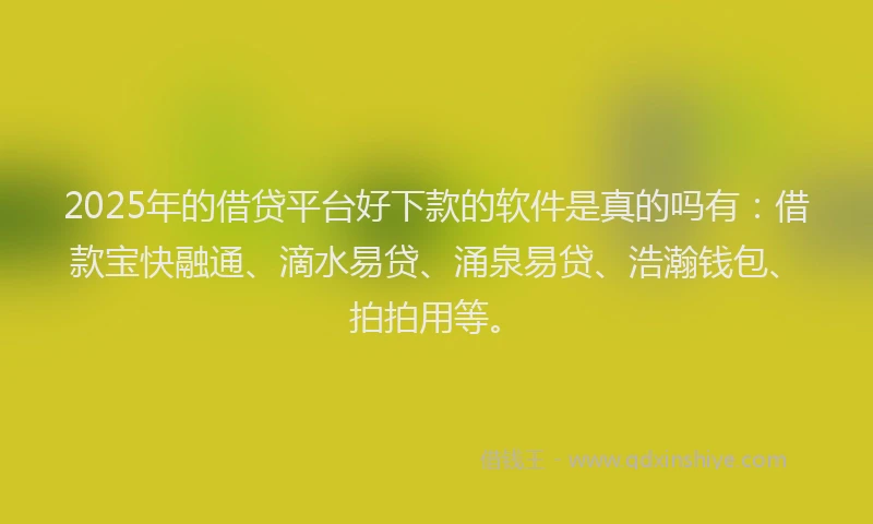 2025年的借贷平台好下款的软件是真的吗有：借款宝快融通、滴水易贷、涌泉易贷、浩瀚钱包、拍拍用等。