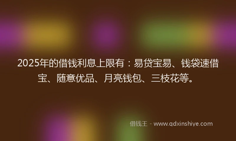 2025年的借钱利息上限有：易贷宝易、钱袋速借宝、随意优品、月亮钱包、三枝花等。