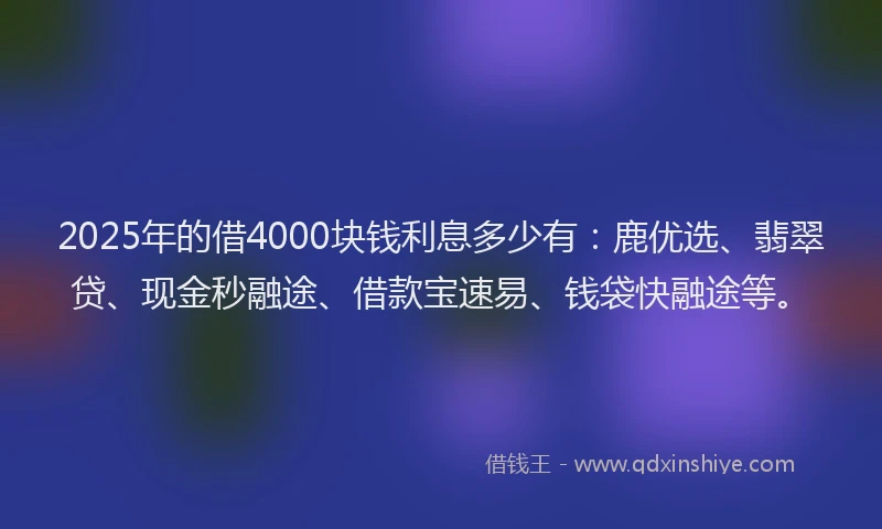 2025年的借4000块钱利息多少有：鹿优选、翡翠贷、现金秒融途、借款宝速易、钱袋快融途等。