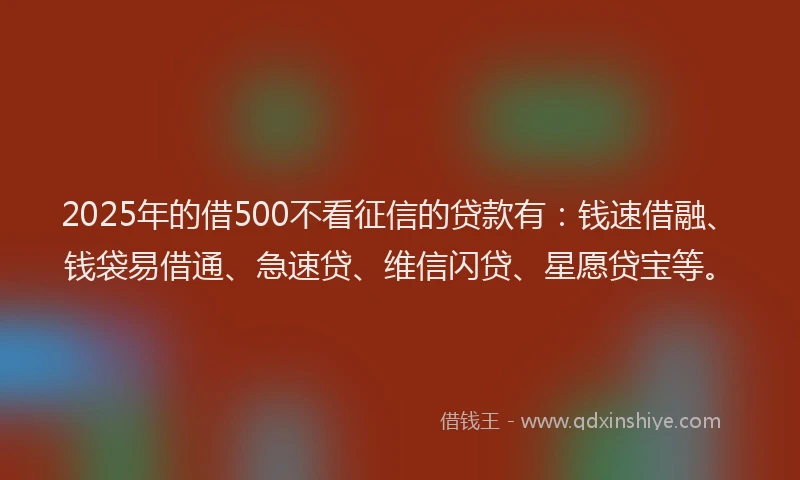 2025年的借500不看征信的贷款有：钱速借融、钱袋易借通、急速贷、维信闪贷、星愿贷宝等。