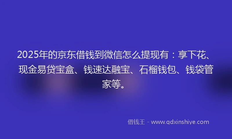 2025年的京东借钱到微信怎么提现有：享下花、现金易贷宝盒、钱速达融宝、石榴钱包、钱袋管家等。