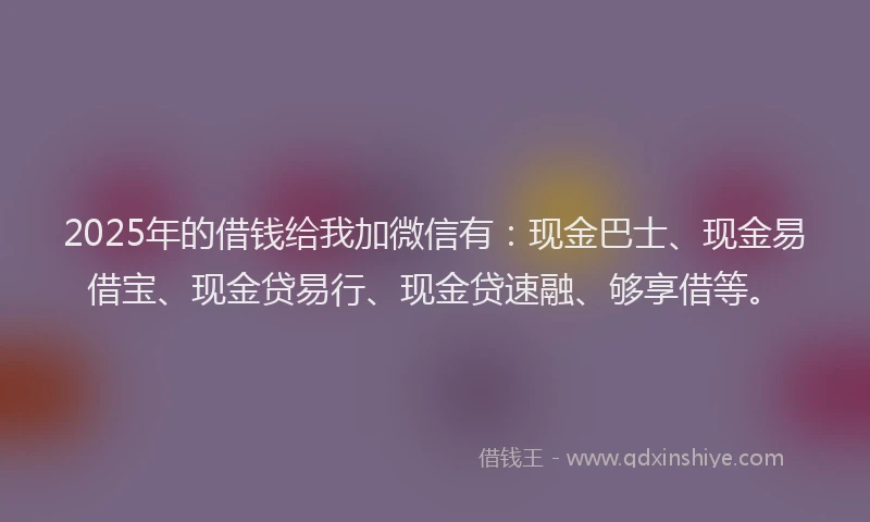 2025年的借钱给我加微信有：现金巴士、现金易借宝、现金贷易行、现金贷速融、够享借等。