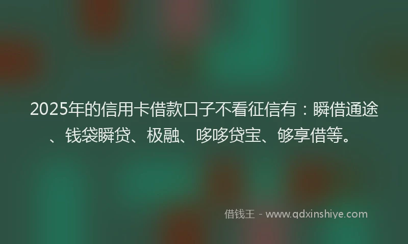 2025年的信用卡借款口子不看征信有：瞬借通途、钱袋瞬贷、极融、哆哆贷宝、够享借等。