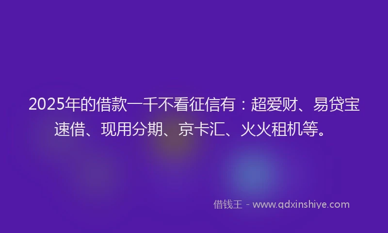 2025年的借款一千不看征信有：超爱财、易贷宝速借、现用分期、京卡汇、火火租机等。