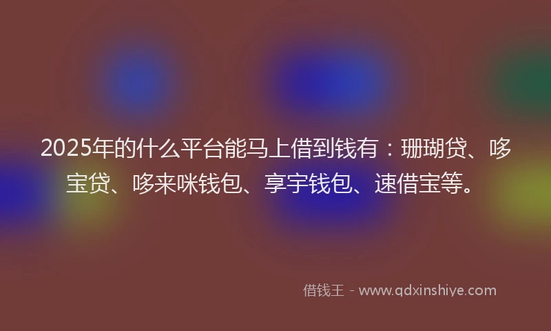 2025年的什么平台能马上借到钱有：珊瑚贷、哆宝贷、哆来咪钱包、享宇钱包、速借宝等。