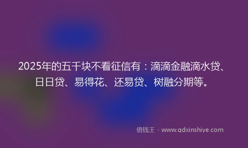 2025年的五千块不看征信有：滴滴金融滴水贷、日日贷、易得花、还易贷、树融分期等。