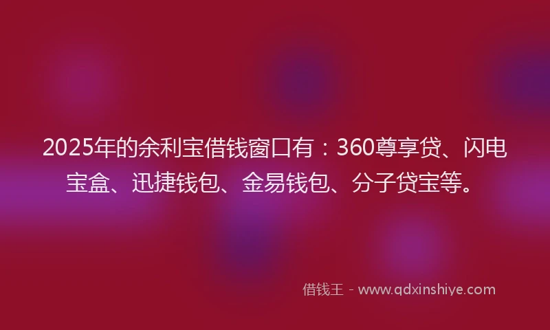 2025年的余利宝借钱窗口有：360尊享贷、闪电宝盒、迅捷钱包、金易钱包、分子贷宝等。