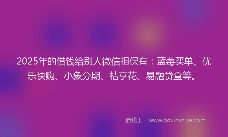 2025年的借钱给别人微信担保有：蓝莓买单、优乐快购、小象分期、桔享花、易融贷盒等。