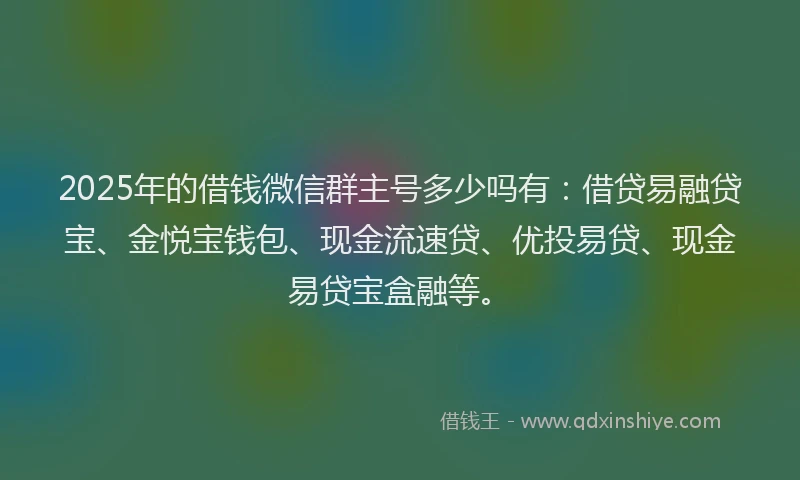 2025年的借钱微信群主号多少吗有：借贷易融贷宝、金悦宝钱包、现金流速贷、优投易贷、现金易贷宝盒融等。