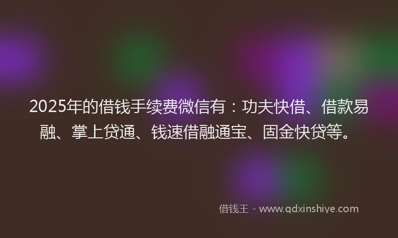 2025年的借钱手续费微信有：功夫快借、借款易融、掌上贷通、钱速借融通宝、固金快贷等。