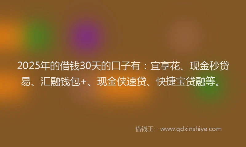 2025年的借钱30天的口子有：宜享花、现金秒贷易、汇融钱包+、现金侠速贷、快捷宝贷融等。