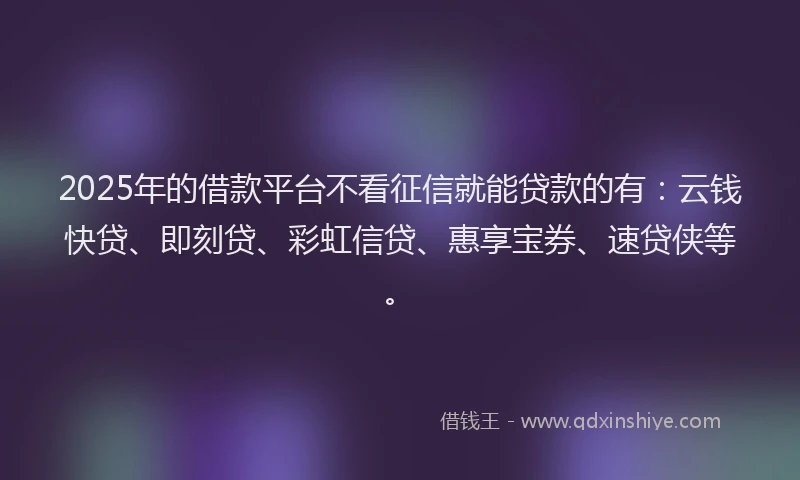 2025年的借款平台不看征信就能贷款的有：云钱快贷、即刻贷、彩虹信贷、惠享宝券、速贷侠等。
