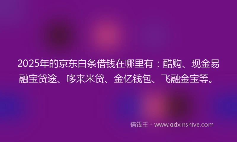 2025年的京东白条借钱在哪里有：酷购、现金易融宝贷途、哆来米贷、金亿钱包、飞融金宝等。