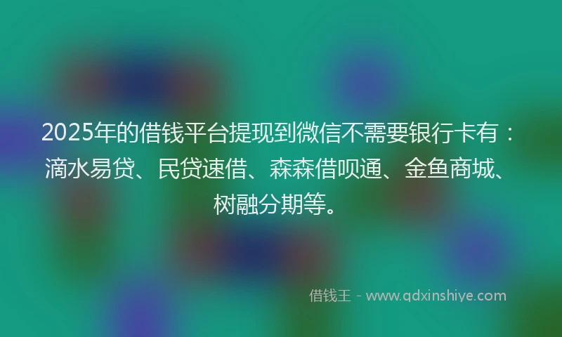 2025年的借钱平台提现到微信不需要银行卡有：滴水易贷、民贷速借、森森借呗通、金鱼商城、树融分期等。