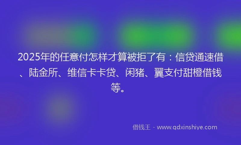 2025年的任意付怎样才算被拒了有：信贷通速借、陆金所、维信卡卡贷、闲猪、翼支付甜橙借钱等。