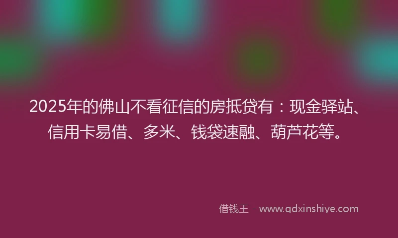 2025年的佛山不看征信的房抵贷有：现金驿站、信用卡易借、多米、钱袋速融、葫芦花等。
