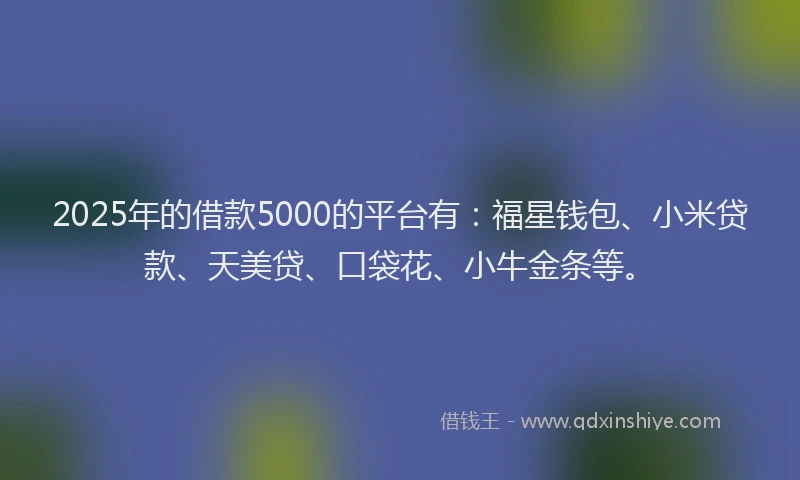 2025年的借款5000的平台有：福星钱包、小米贷款、天美贷、口袋花、小牛金条等。