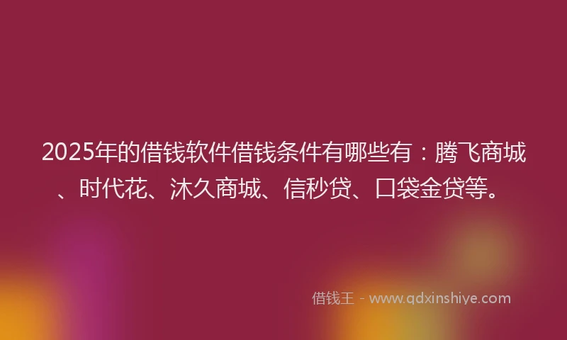 2025年的借钱软件借钱条件有哪些有：腾飞商城、时代花、沐久商城、信秒贷、口袋金贷等。
