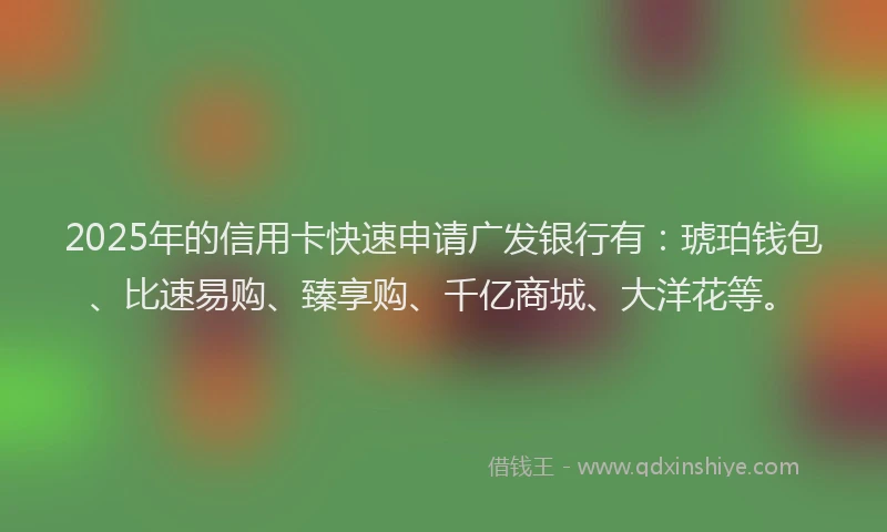 2025年的信用卡快速申请广发银行有：琥珀钱包、比速易购、臻享购、千亿商城、大洋花等。