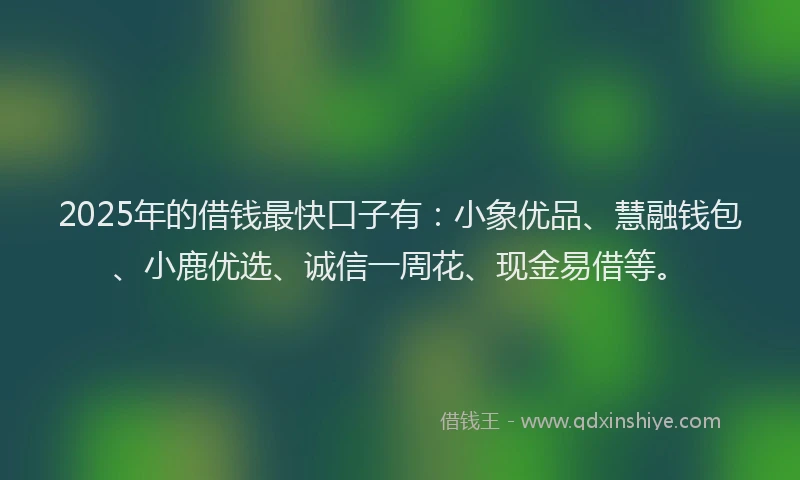 2025年的借钱最快口子有：小象优品、慧融钱包、小鹿优选、诚信一周花、现金易借等。