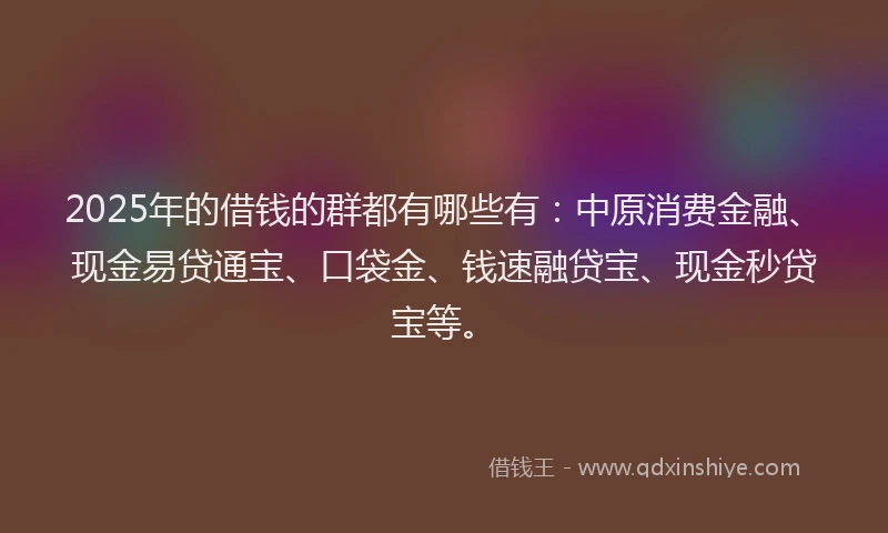 2025年的借钱的群都有哪些有：中原消费金融、现金易贷通宝、口袋金、钱速融贷宝、现金秒贷宝等。