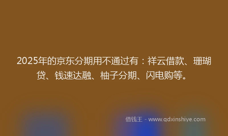 2025年的京东分期用不通过有：祥云借款、珊瑚贷、钱速达融、柚子分期、闪电购等。