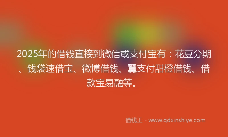 2025年的借钱直接到微信或支付宝有：花豆分期、钱袋速借宝、微博借钱、翼支付甜橙借钱、借款宝易融等。