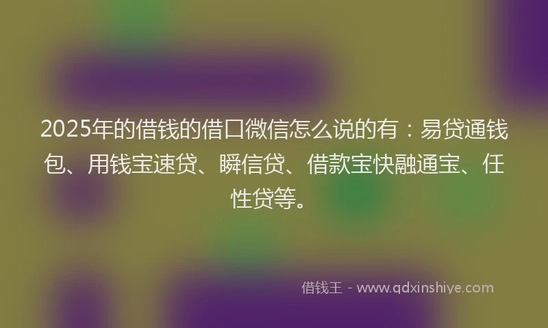 2025年的借钱的借口微信怎么说的有：易贷通钱包、用钱宝速贷、瞬信贷、借款宝快融通宝、任性贷等。