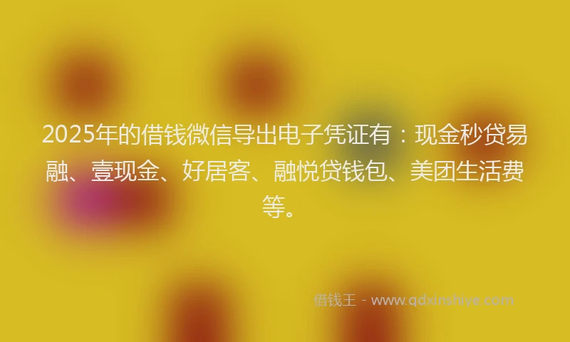 2025年的借钱微信导出电子凭证有：现金秒贷易融、壹现金、好居客、融悦贷钱包、美团生活费等。