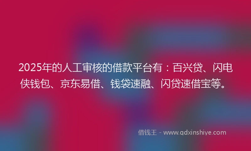 2025年的人工审核的借款平台有：百兴贷、闪电侠钱包、京东易借、钱袋速融、闪贷速借宝等。