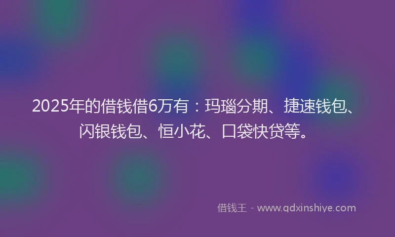 2025年的借钱借6万有：玛瑙分期、捷速钱包、闪银钱包、恒小花、口袋快贷等。