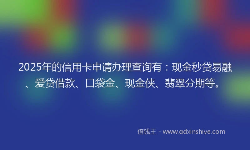 2025年的信用卡申请办理查询有：现金秒贷易融、爱贷借款、口袋金、现金侠、翡翠分期等。